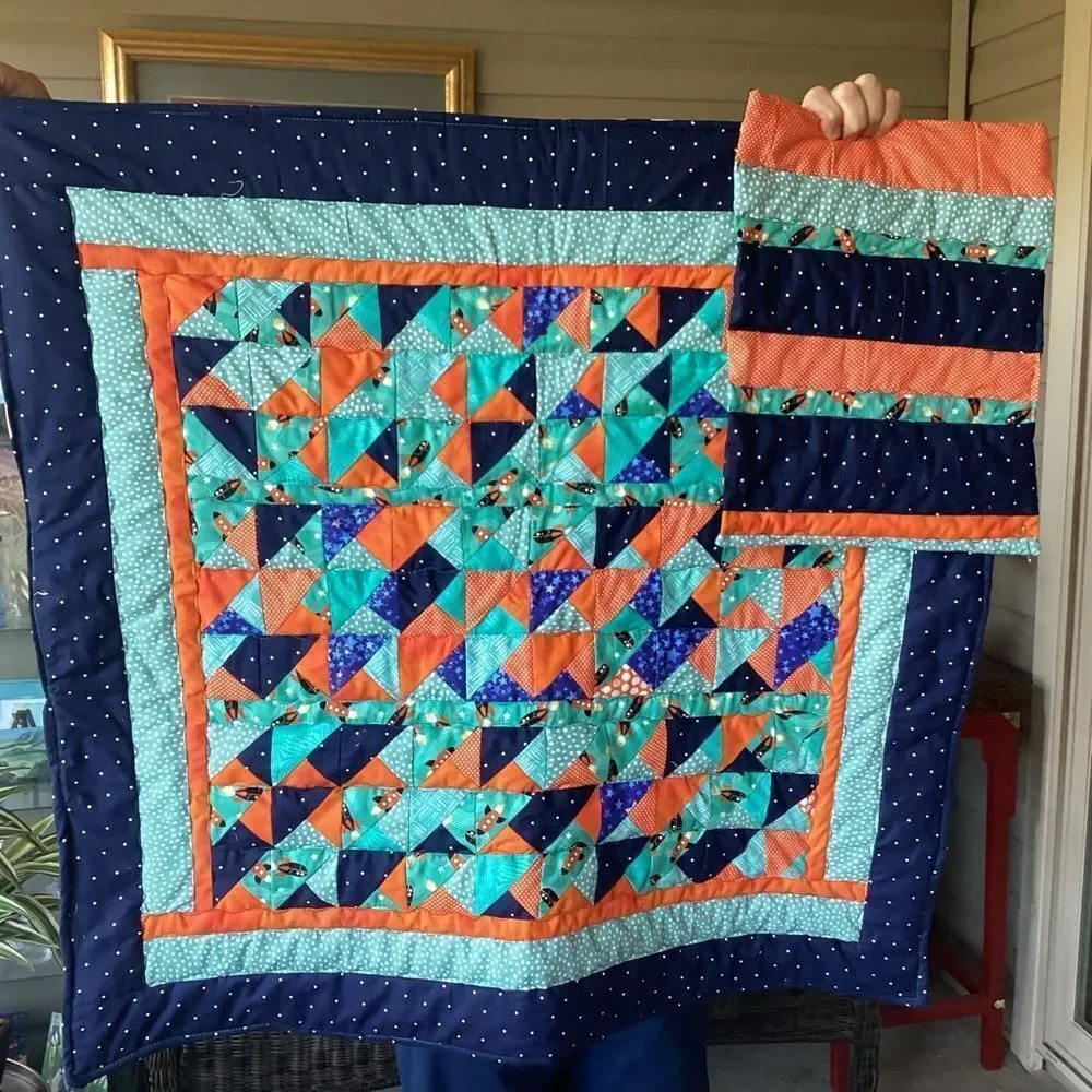 NWT. Hand Crafted To The Moon RocketshipColorful Patchwork Quilt w/ Teddy Quilt